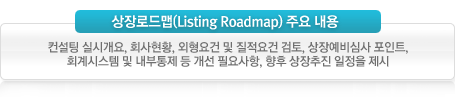 상장로드맵(Listing Roadmap) 주요 내용 : 컨설팅 실시개요, 회사현황, 외형요건 및 질적요건 검토, 상장예비심사 포인트, 회계시스템 및 내부통제 등 개선 필요사항, 향후 상장추진 일정을 제시